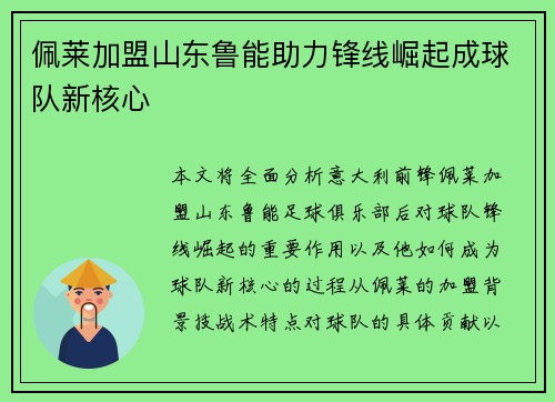 佩莱加盟山东鲁能助力锋线崛起成球队新核心